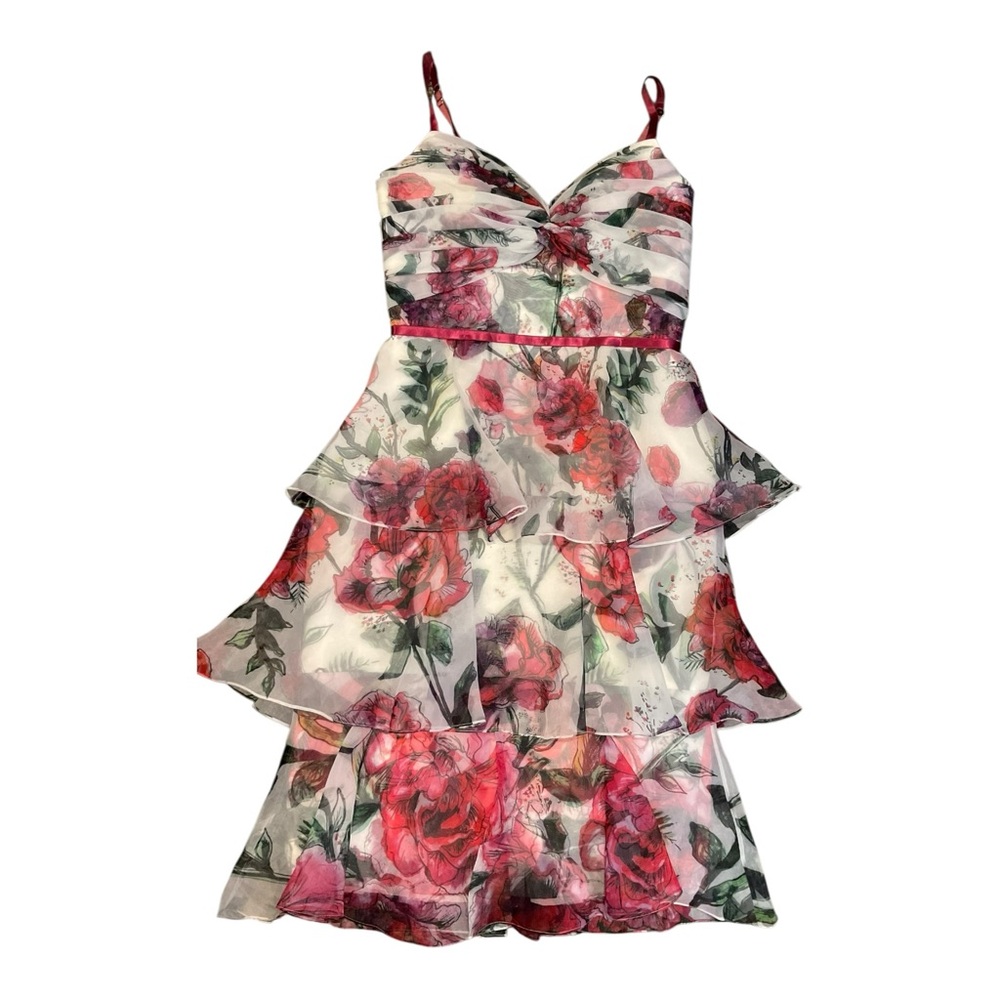 Marchesa Notte WomenFloral Tiered WhitePink Ruffle Fit & Flare Midi Dress Size 6 - Picture 11 of 16